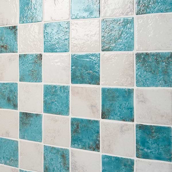 Greta Checkerboard Lagoon Blue and Seashell White 5x5 Glossy Textured Porcelain Tile
