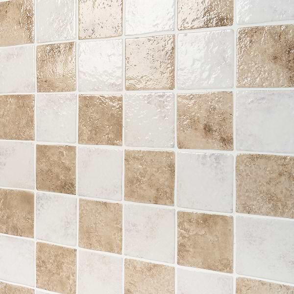 Greta Checkerboard Sand Beige and Seashell White 5x5 Glossy Textured Porcelain Tile
