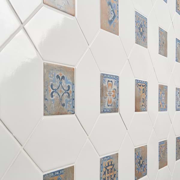 Morocco Blanco White 4x8 Glossy Picket and Medina Multicolor 4x4 Matte Square Porcelain Tile