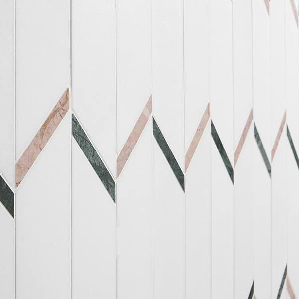 Fitz White Thassos Vera Polished Marble Mosaic Tile- Green and Pink Stripes