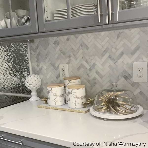 Asian Statuary 1x3" Herringbone Polished Marble Mosaic Tile