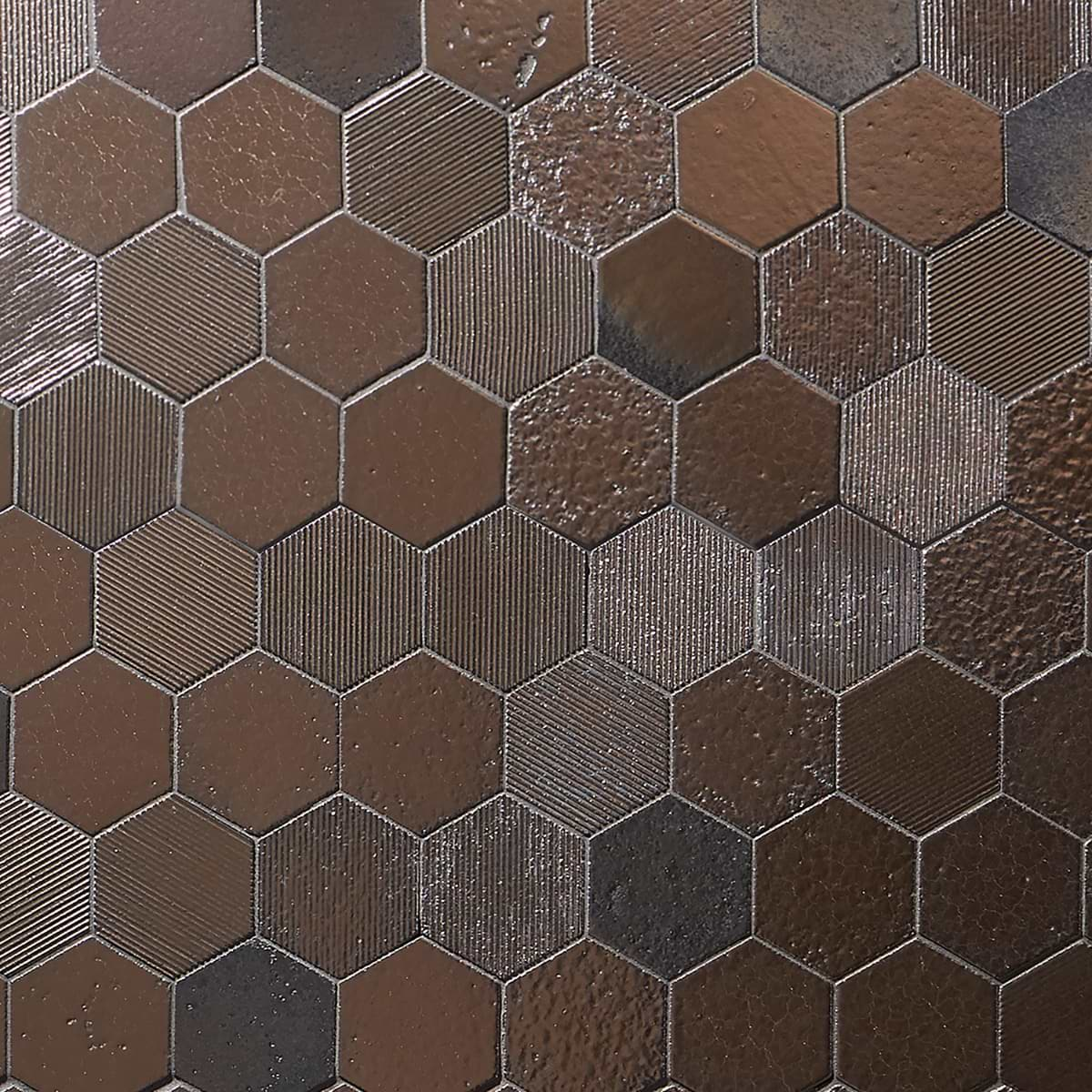 Magma Hexagon Mixed Bronze 3" Polished Lava Stone Mosaic Tile