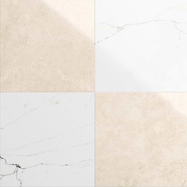 Fortunato Calacatta White and Marfil Beige 12x12 Polished Porcelain Checkerboard Tile