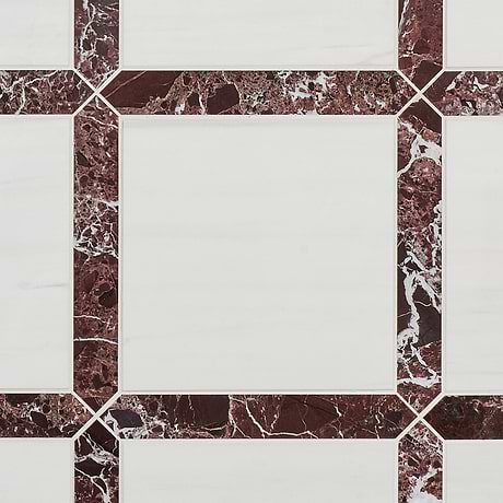 Prezzo Glacier White 12x12 Square and Rosso Levanto 2x12 Picket Honed Marble Tile