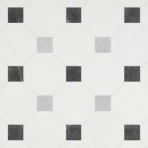 Alaris Glacier White 8" Octagon with Black Silk and Earth Gray Dot Tumbled Marble Tile