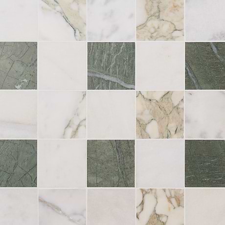 Calacatta Verde Premium and Glacier White and Tia Verde 4x4 Honed Marble Mosaic Tile