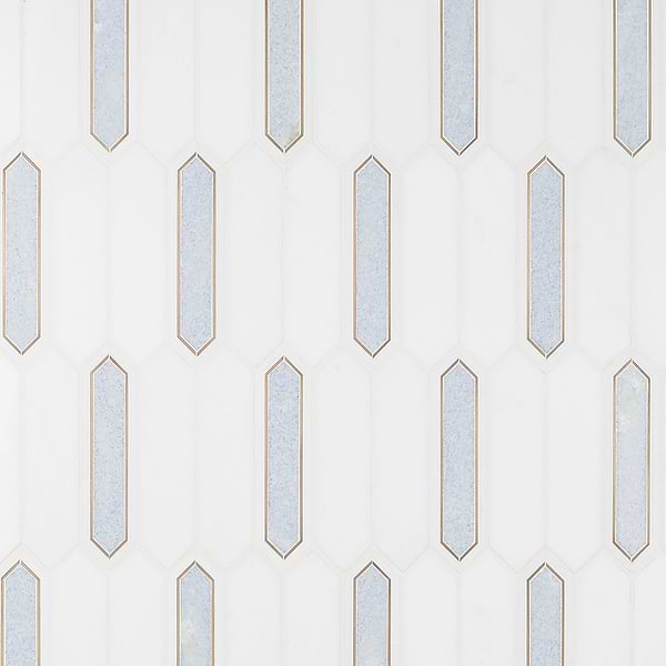 Zeus Blue Celeste 2x8 Picket Polished Marble and Brass Waterjet Mosaic Tile