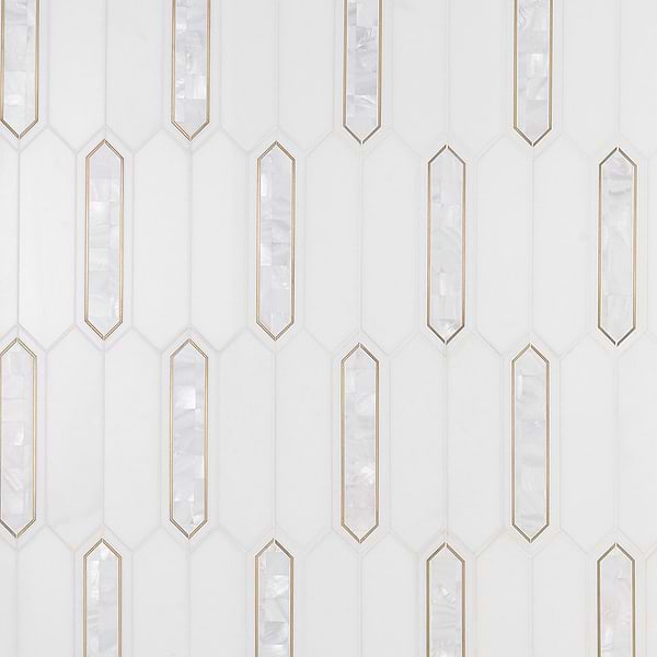 Zeus White Pearl 2x8 Picket Polished Marble- Pearl and Brass Waterjet Mosaic Tile