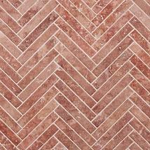 Velour Red Travertine 1x6 Herringbone Leather Marble Mosaic Tile