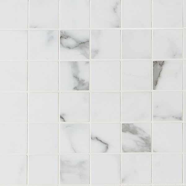 DreamStone Statuario Valley 2x2 Matte Porcelain Mosaic - Sample in White with Gray Brown Veining, View 2, open zoomed image