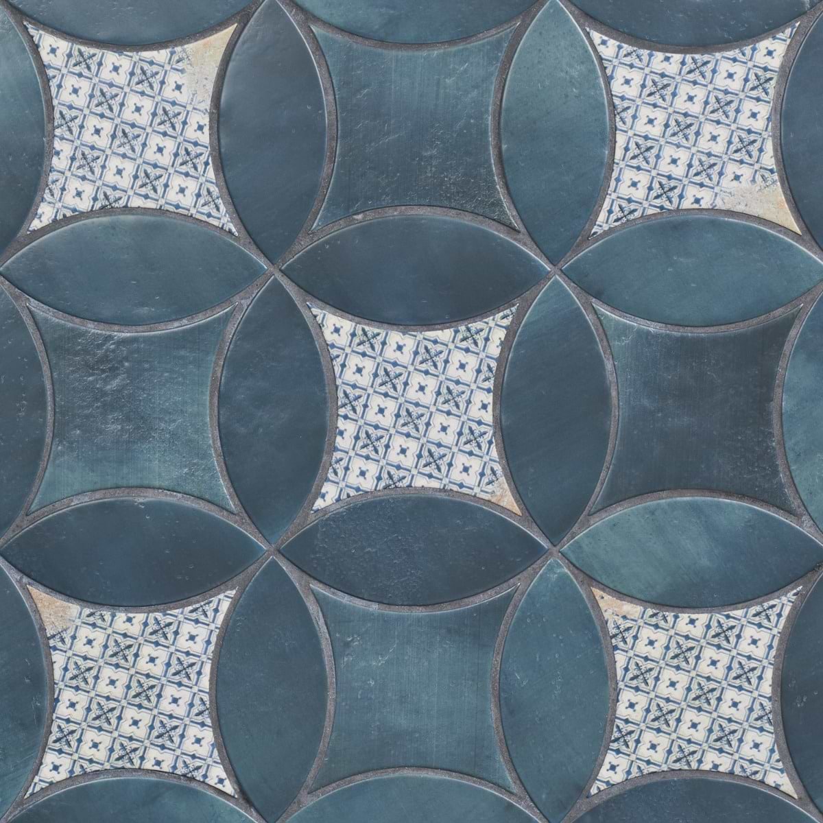 Raval Denim Blue 3x8 Petal and 6x6 Kite with Deco Juliana Blue Kite Matte Porcelain Tile