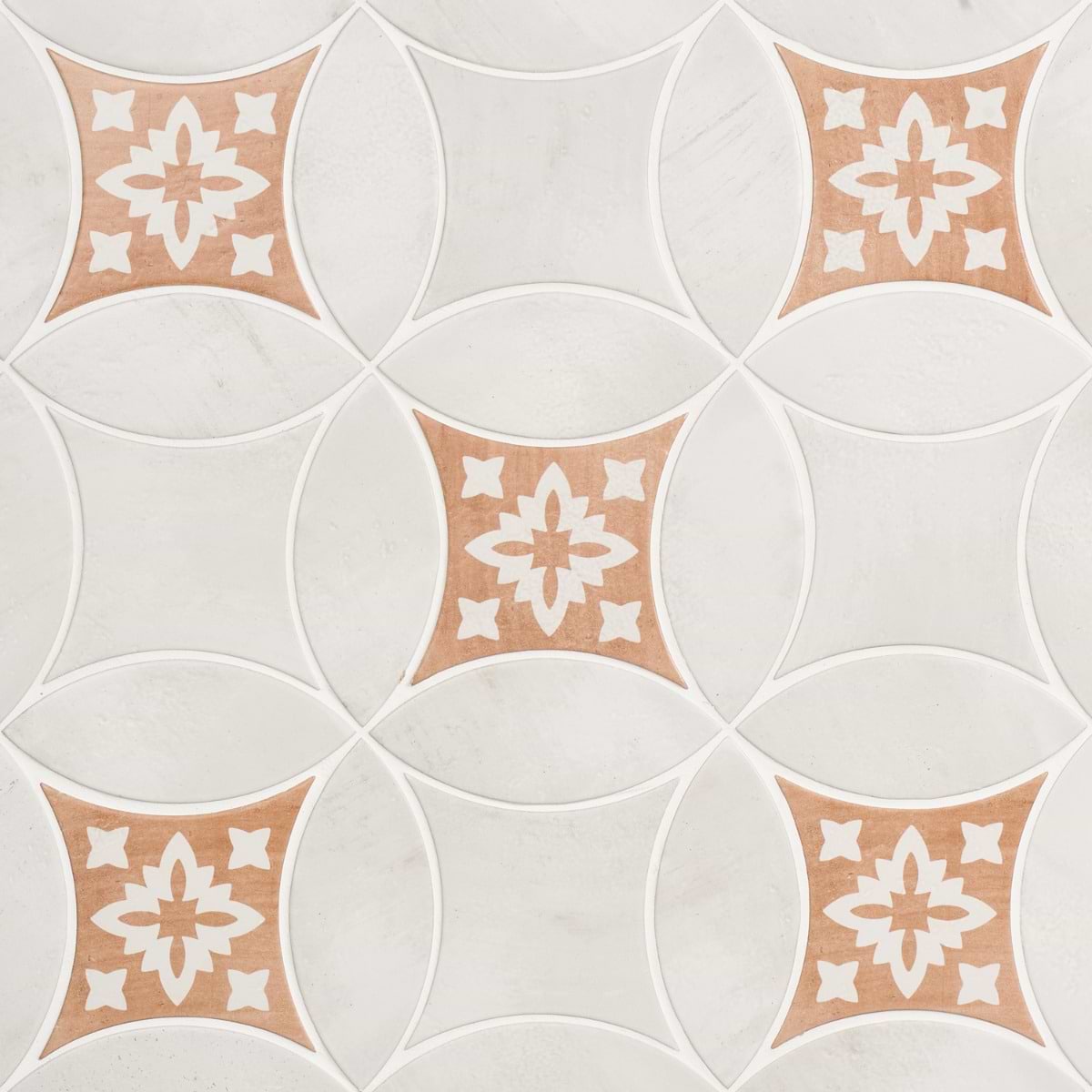 Raval White 3x8 Petal and 6x6 Kite with Deco Natalia Terracotta Kite Matte Porcelain Tile
