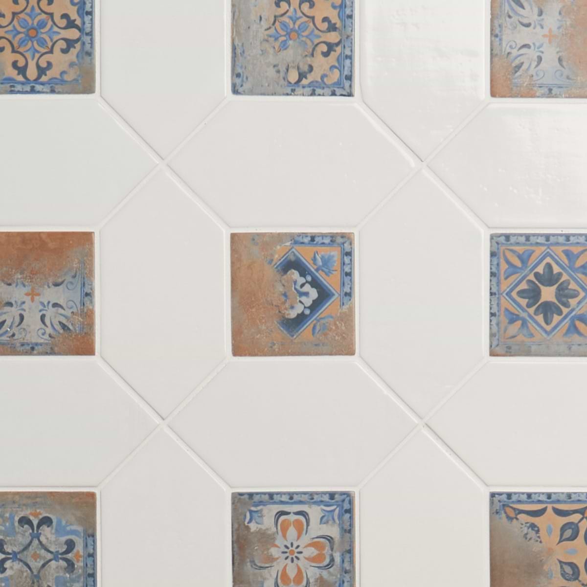 Morocco Blanco White 4x8 Glossy Picket and Medina Multicolor 4x4 Matte Square Porcelain Tile