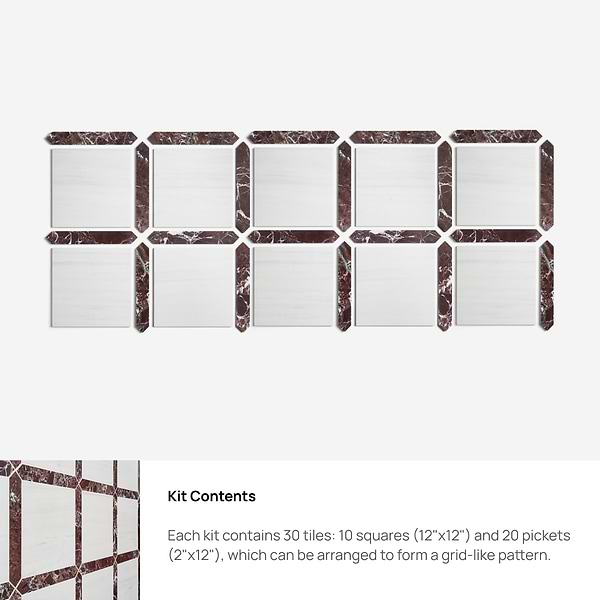 Prezzo Glacier White 12x12 Square and Rosso Levanto 2x12 Picket Honed Marble Tile