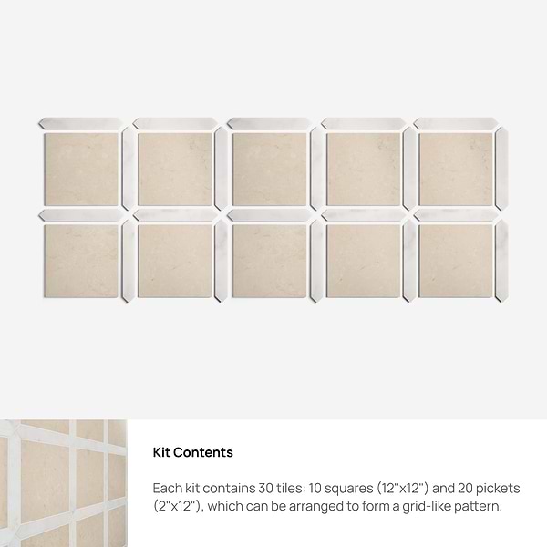 Prezzo Crema Ella 12x12 Square and Ayfon White 2x12 Picket Honed Marble Tile