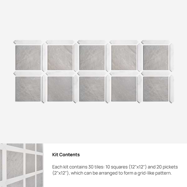 Prezzo Ice Gray 12x12 Square and Glacier White 2x12 Picket Honed Marble Tile