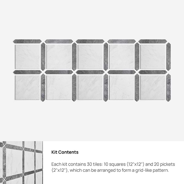 Prezzo Volakas 12x12 Square and Lovina Gray 2x12 Picket Honed Marble Tile