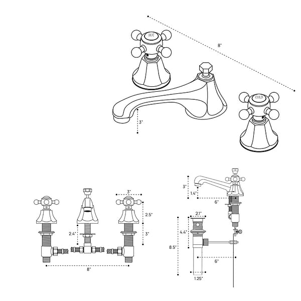 Rockleigh Polished Brass 8" Widespread Bathroom Faucet With Pop Up Standard Drain