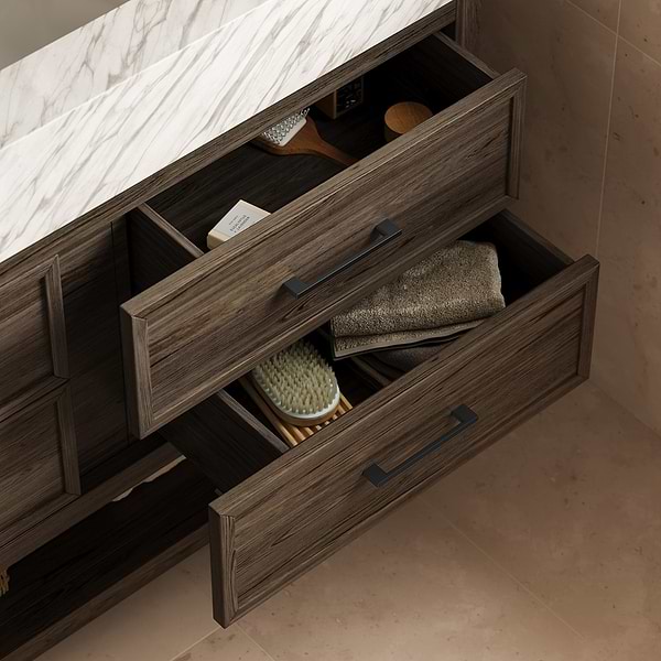 Rowan Espresso Oak 60" Double Vanity with Carrara Marble Top by TileBar Studio Vanities, View 9, open zoomed image
