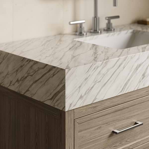Rowan Greige Ash 36" Single Vanity with Carrara Marble Top by TileBar Studio Vanities, View 3, open zoomed image