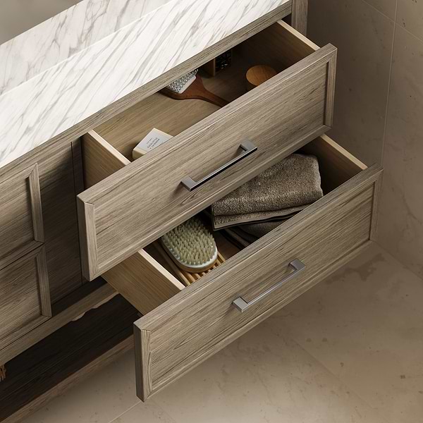 Rowan Greige Ash 60" Double Vanity with Carrara Marble Top by TileBar Studio Vanities, View 8, open zoomed image