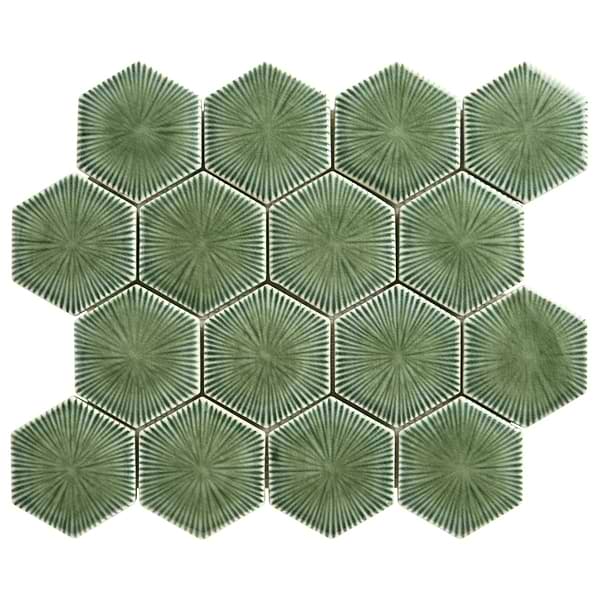 Nabi Hexagon Fern Green 3" Crackled Glossy Glass Mosaic Tile
