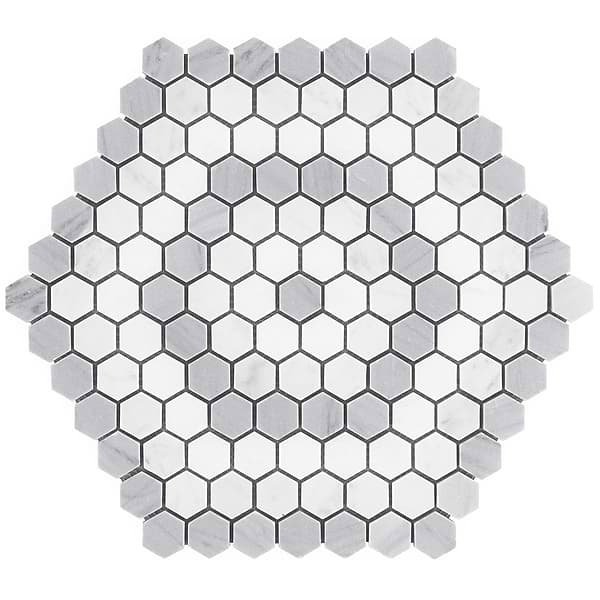 Juno Honeycomb Gray and White 1" Hexagon Polished Marble Mosaic Tile