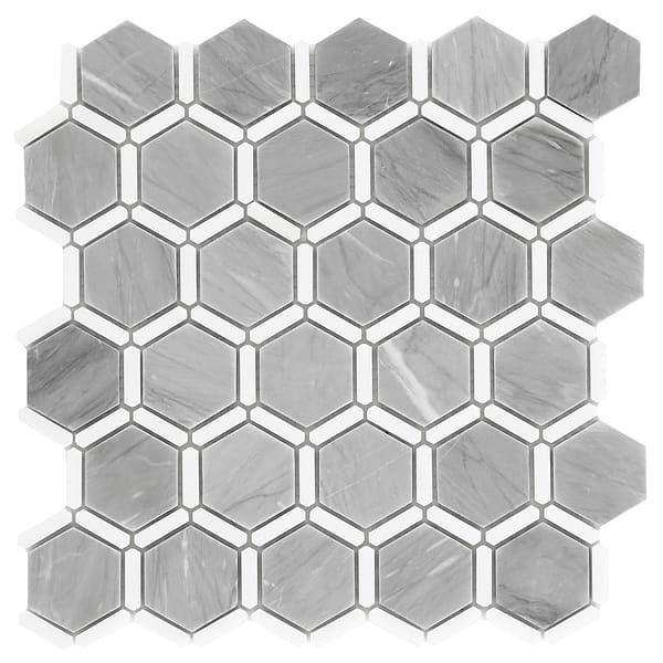 Florentine Halley Gray & White Thassos 2" Hexagon Polished Marble Mosaic Tile