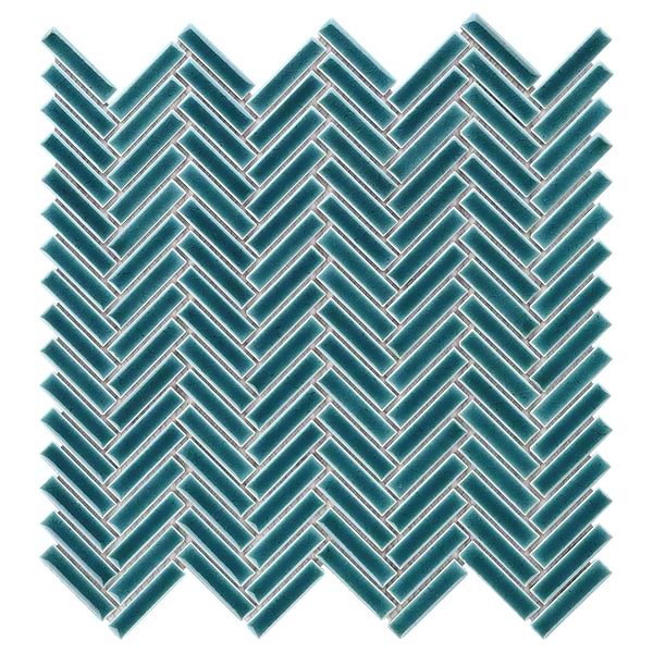 Kai Teal 1x2" Herringbone Crackled Glossy Porcelain Mosaic Tile