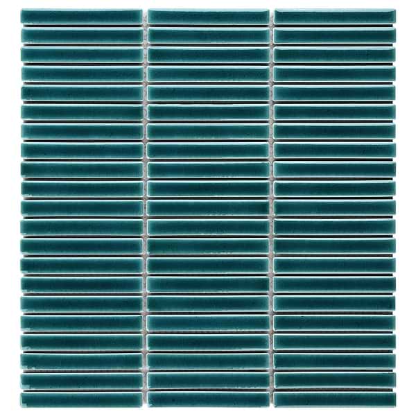 Kai Teal 1x4" Tri-Stacked Crackled Glossy Porcelain Mosaic Tile