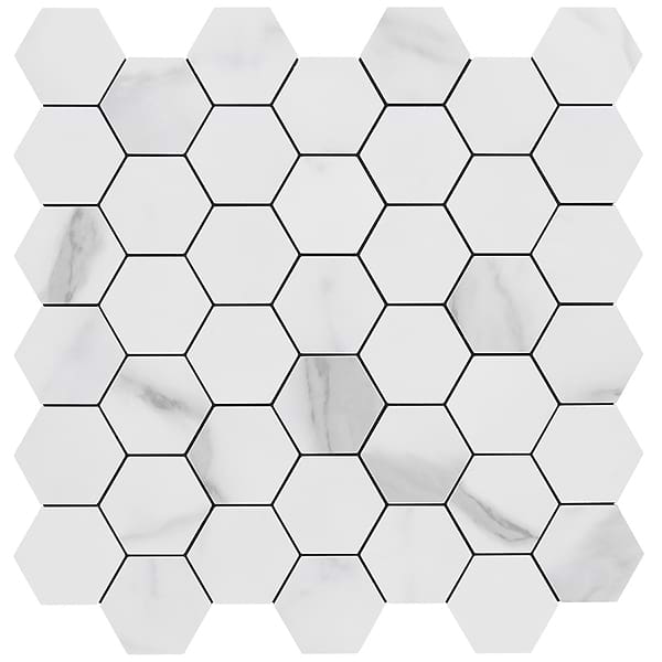 Calacatta White 2" Hexagon Peel & Stick Self Adhesive Marble Look Matte Mosaic Wall Tile