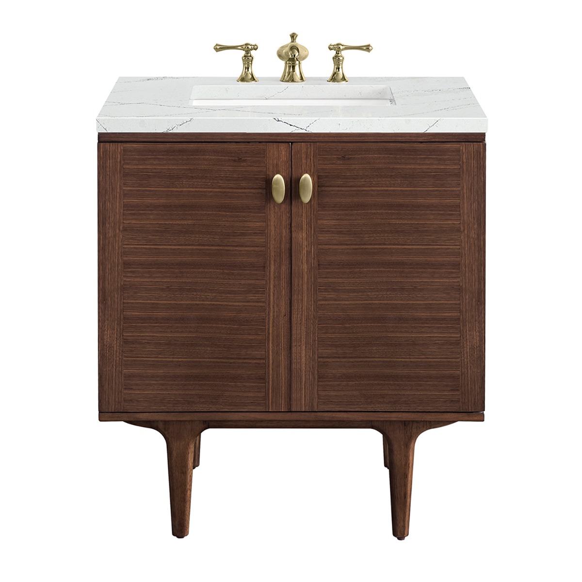 James Martin Vanities Amberly Mid-Century Walnut 30" Single Vanity with Ethereal Noctis Quartz Top