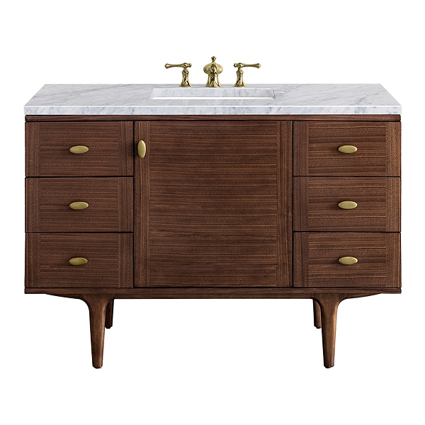James Martin Vanities Amberly Mid-Century Walnut 48" Single Vanity with Carrara Marble Top
