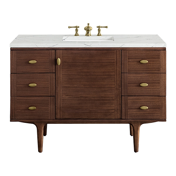 James Martin Vanities Amberly Mid-Century Walnut 48" Single Vanity with Ethereal Noctis Quartz Top