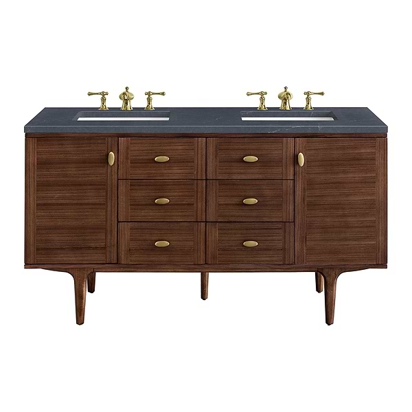 James Martin Vanities Amberly Mid-Century Walnut 60" Double Vanity with Charcoal Soapstone Quartz Top
