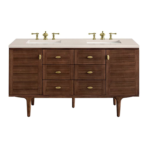 James Martin Vanities Amberly Mid-Century Walnut 60" Double Vanity with Eternal Marfil Quartz Top