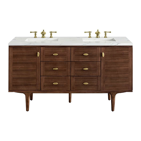 James Martin Vanities Amberly Mid-Century Walnut 60" Double Vanity with Ethereal Noctis Quartz Top