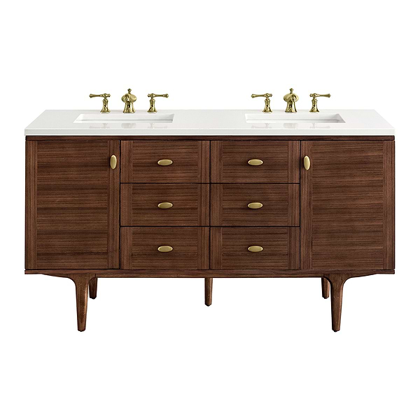 James Martin Vanities Amberly Mid-Century Walnut 60" Double Vanity with White Zeus Quartz Top