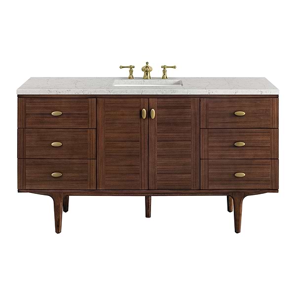 James Martin Vanities Amberly Mid-Century Walnut 60" Single Vanity with Eternal Jasmine Pearl Top