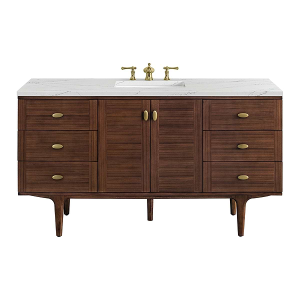James Martin Vanities Amberly Mid-Century Walnut 60" Single Vanity with Ethereal Noctis Quartz Top