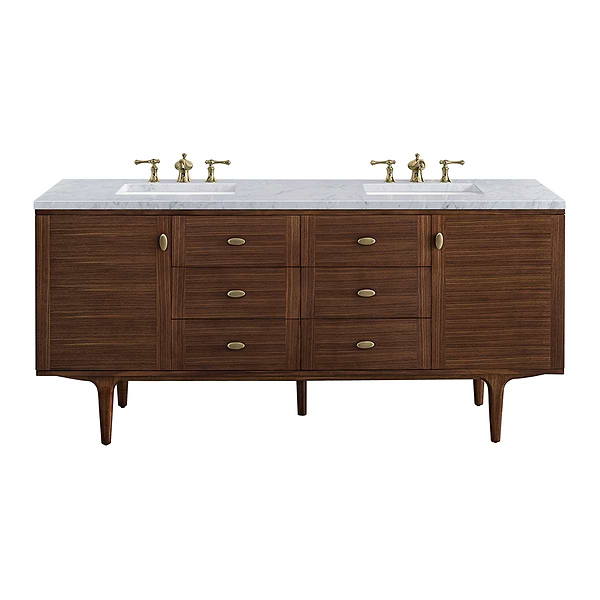James Martin Vanities Amberly Mid-Century Walnut 72" Double Vanity with Carrara Marble Top