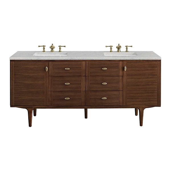 James Martin Vanities Amberly Mid-Century Walnut 72" Double Vanity with Eternal Jasmine Pearl Top