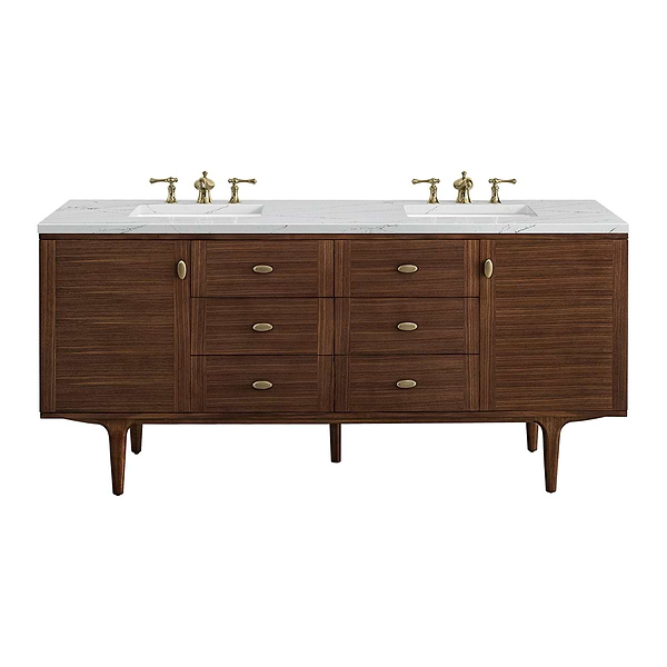 James Martin Vanities Amberly Mid-Century Walnut 72" Double Vanity with Ethereal Noctis Quartz Top