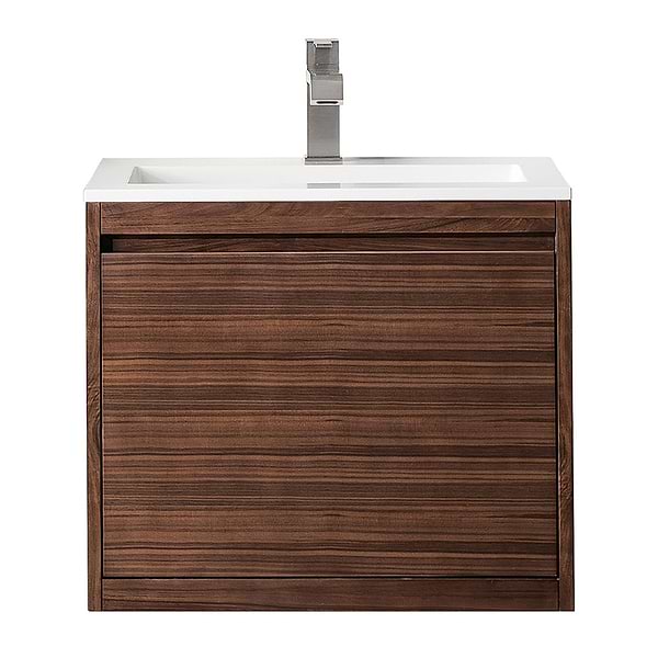 James Martin Vanities Mantova Mid-Century Walnut 24" Floating Vanity with Glossy White Integrated Top