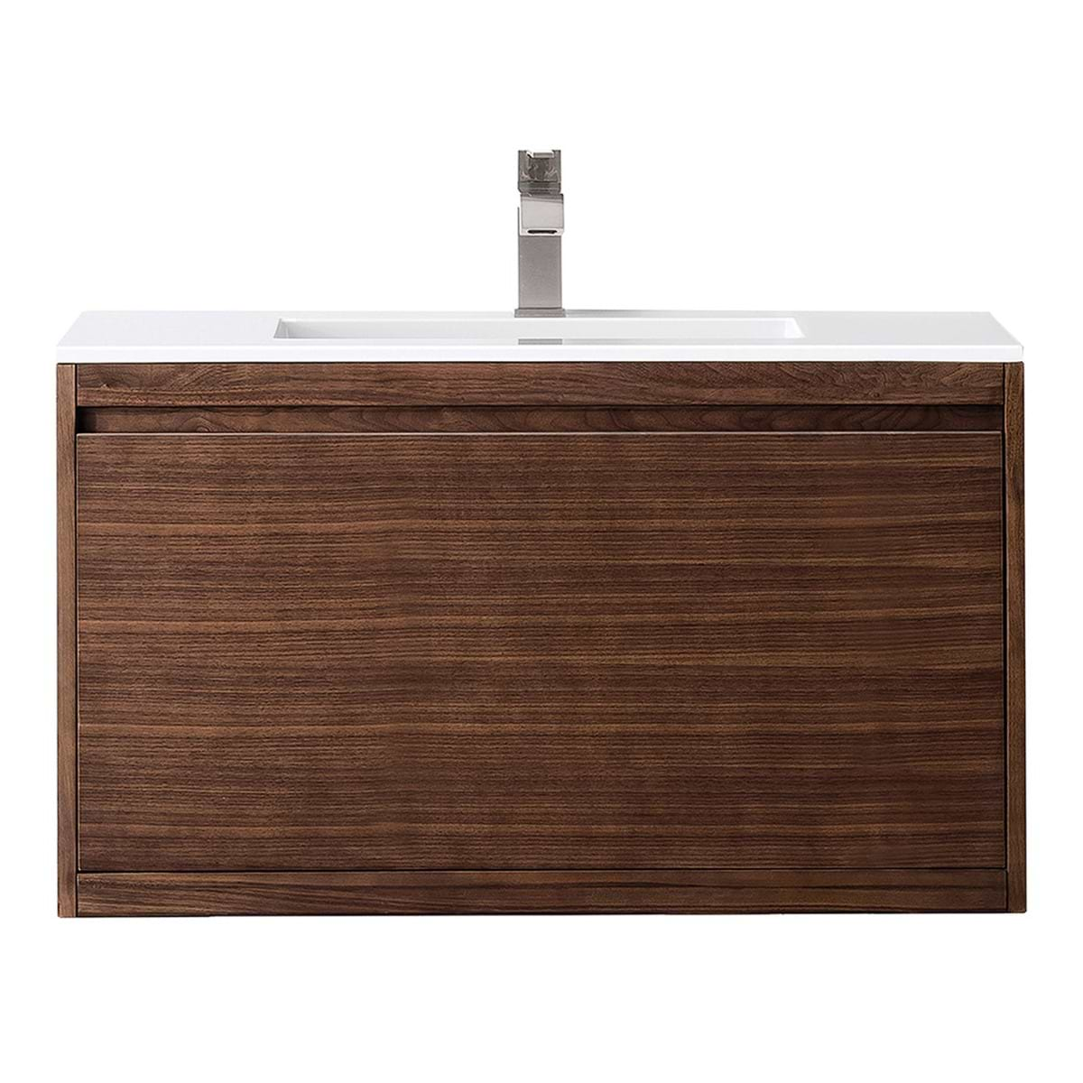 James Martin Vanities Mantova Mid-Century Walnut 36" Floating Vanity with Glossy White Integrated Top