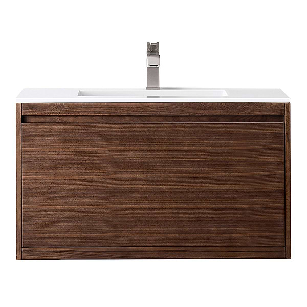 James Martin Vanities Mantova Mid-Century Walnut 36" Floating Vanity with Glossy White Integrated Top