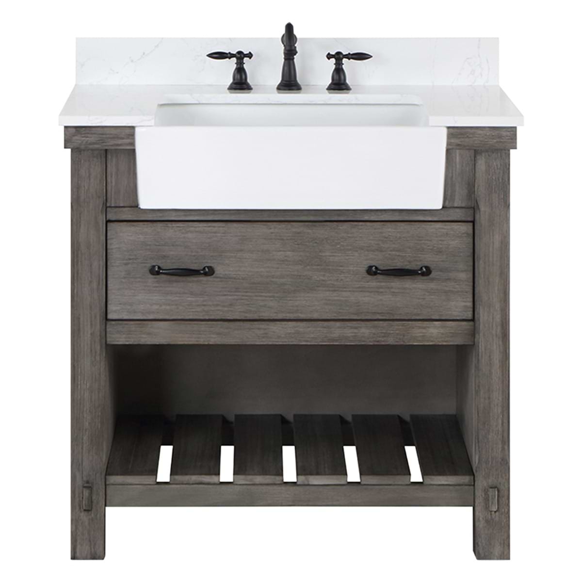 Inwood Gray Oak 36" Single Vanity with White Stone Top and Farmhouse Sink