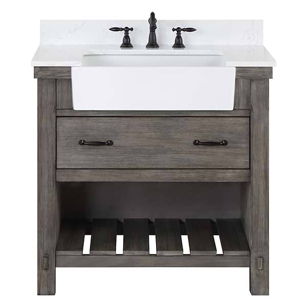 Inwood Gray Oak 36" Single Vanity with White Stone Top and Farmhouse Sink