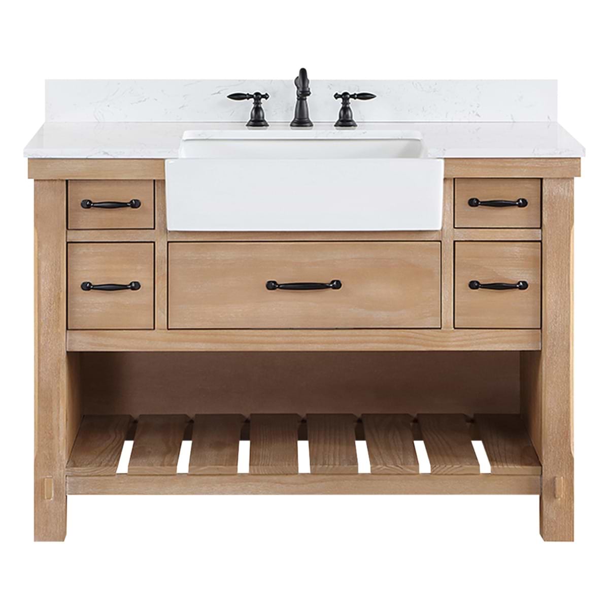 Inwood Blonde Oak 48" Single Vanity with White Stone Top and Farmhouse Sink