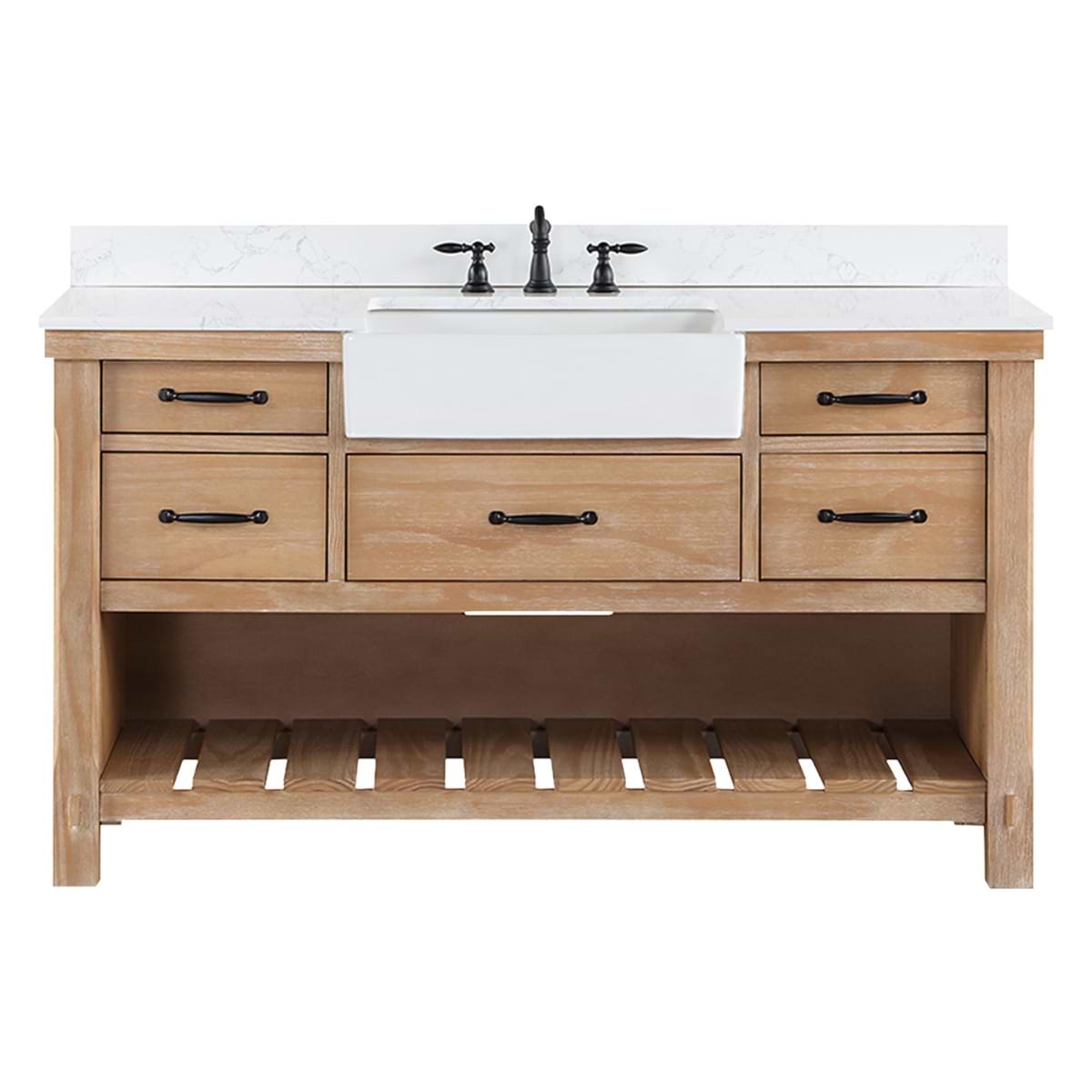 Inwood Blonde Oak 60" Single Vanity with White Stone Top and Farmhouse  Sink